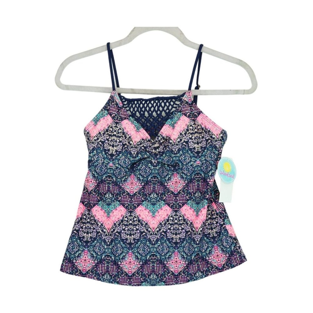 NWT ISLAND SOUL Macrame Navy‎ Multicolor Metallic Pattern Tankini Top Size S